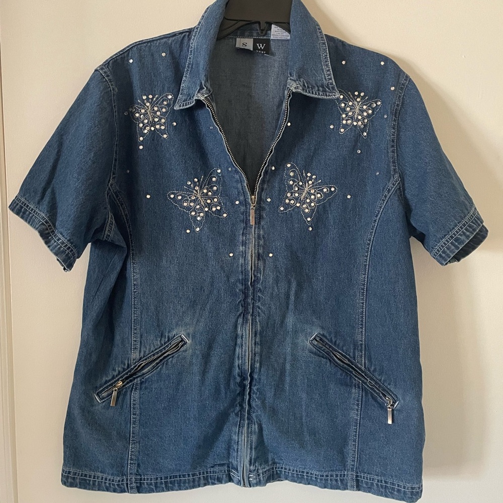 Studio west short sleeved denim jacket with bling decoration